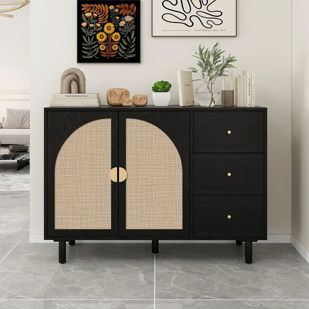 Sideboard Buffet Cabinet Storage Rattan 2 Door 3 Drawer Modern Dresser