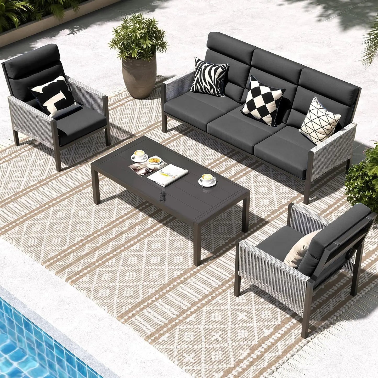 Aluminum High Back Outdoor Sectional Sofa 4 Piece Patio Furniture Set