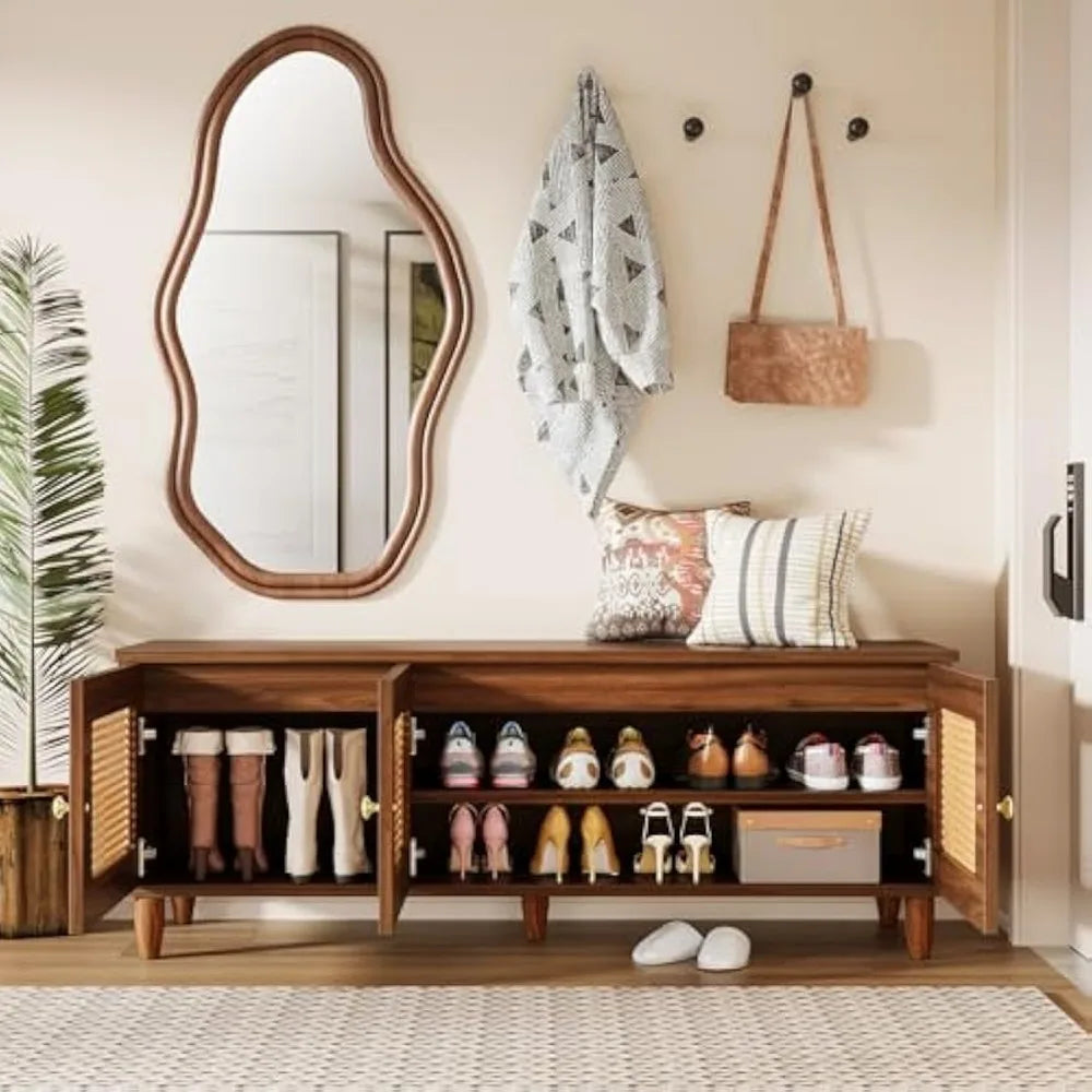 Ljustra Shoe Bench Lift Top Storage 2-Tier Entryway Cabinet Rattan Doors