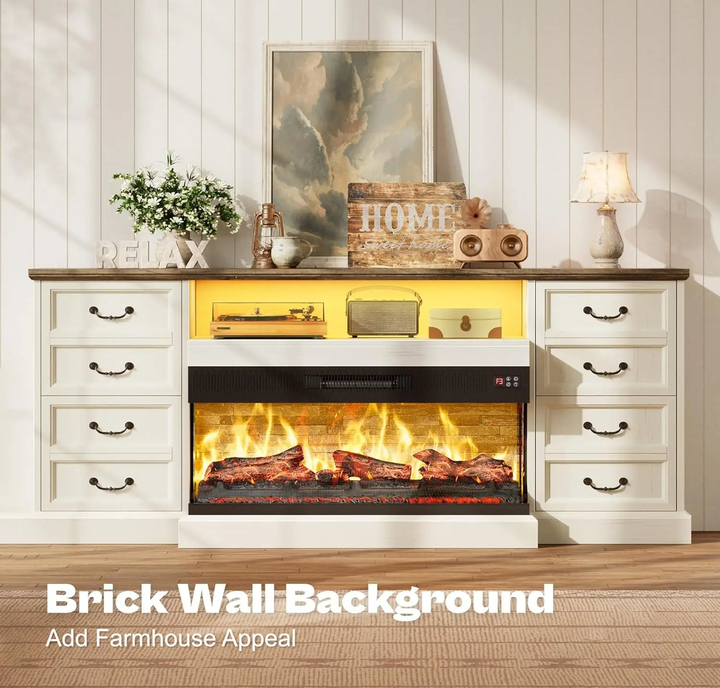 Fireplace TV Stand for 75 Inch TV 3-Sided Glass Entertainment Center