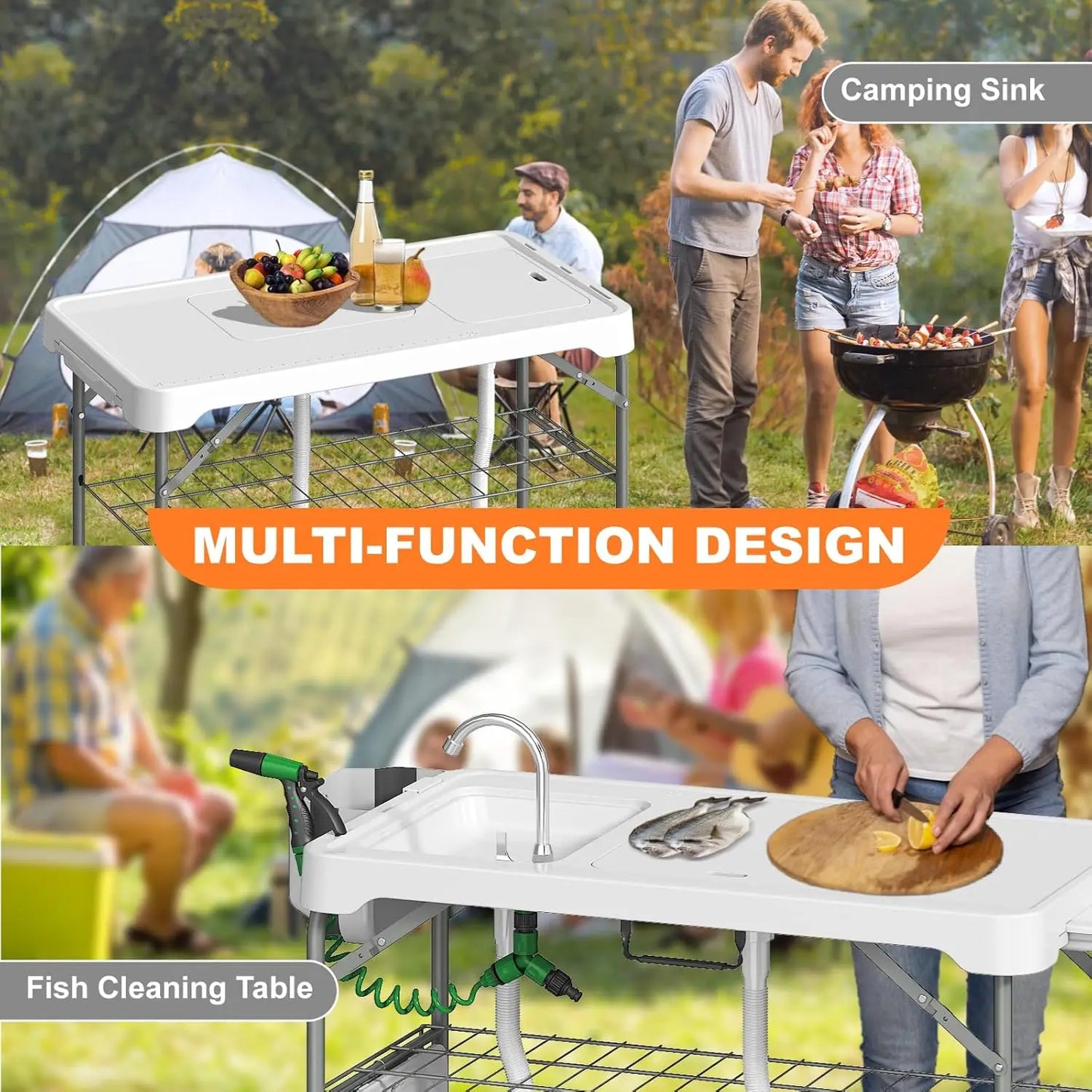 Folding Fish Cleaning Table with 2 Sinks Portable Camping Outdoor