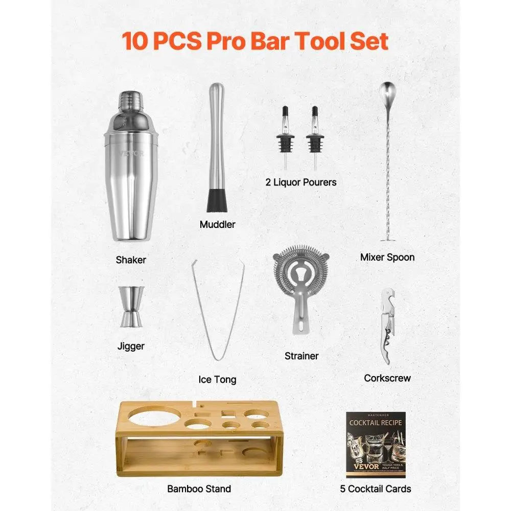 Stainless Steel 10 Piece Cocktail Shaker Set Bartender Tools Kit