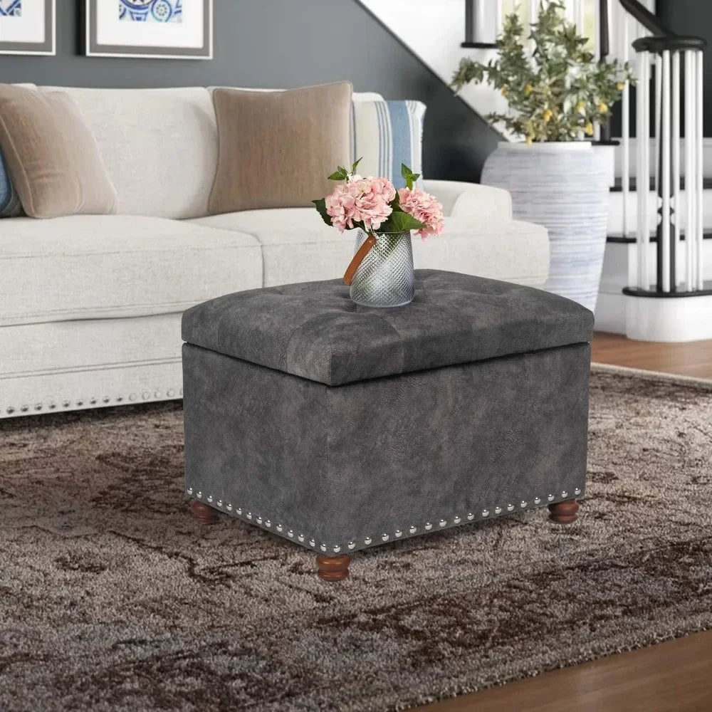 24 Inch Rectangle Lift Top Storage Ottoman Bench Velvet Tufted Stool