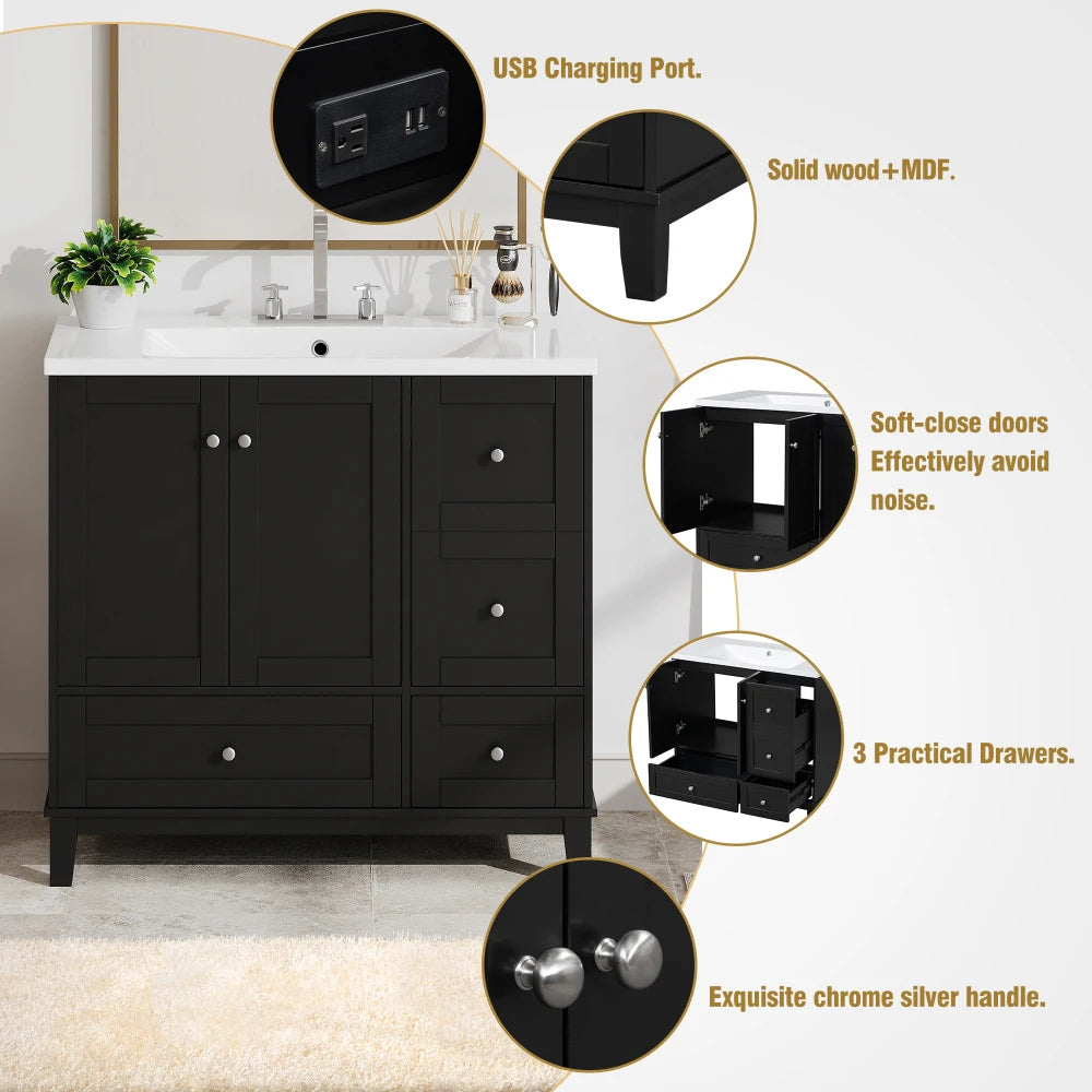 36 Inch Modern Bathroom Vanity with USB Charging and Ample Storage