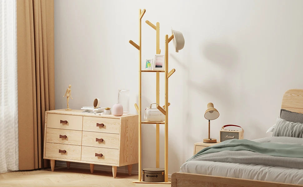 Bamboo Corner Tree Coat Rack Stand Clothes Hanger with 9 Hooks