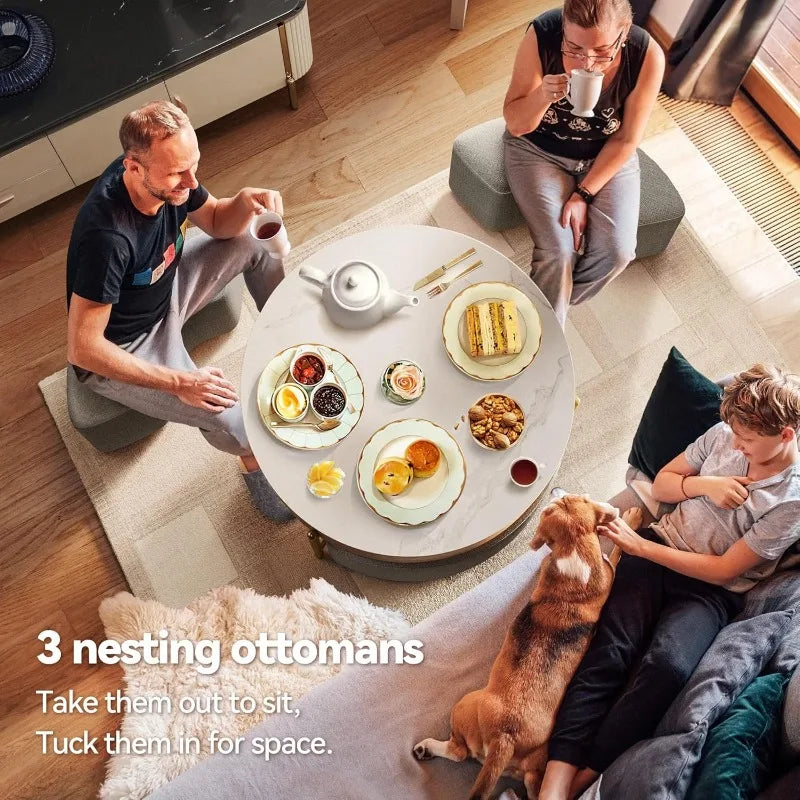 32 Inch Round Slate Coffee Table Set with Storage and 3 Stools