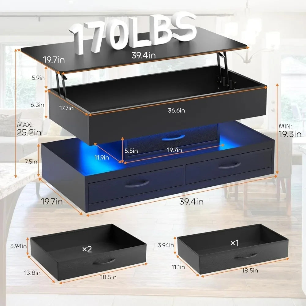 40 Inch Lift Top Coffee Table with Storage Drawers LED Modern Furniture