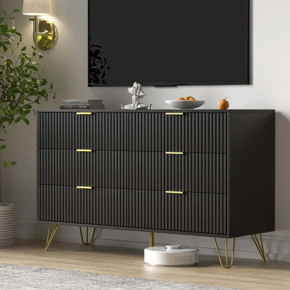 Modern 6 Drawer Dresser with Gold Handles for Bedroom and Living Room