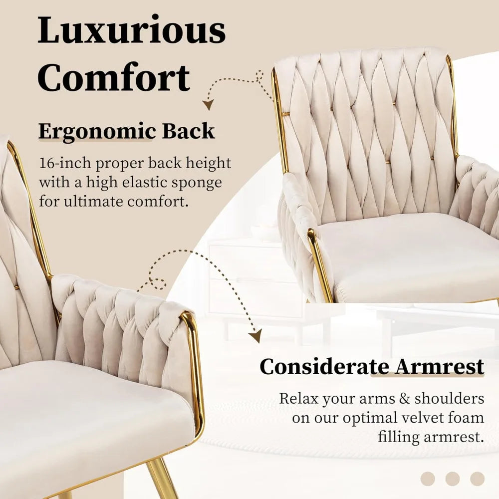 Office Desk Chair No Wheels Woven Velvet Vanity Chair Gold Metal Legs