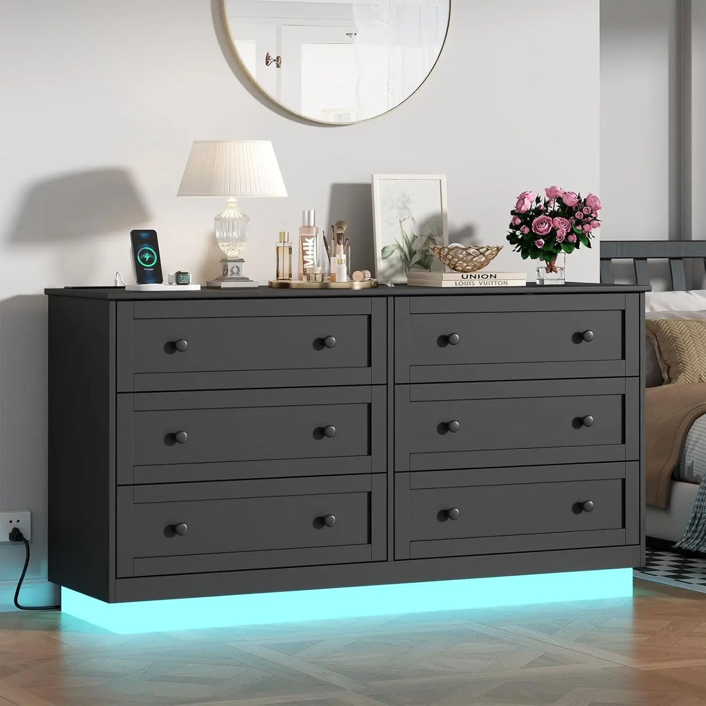 Limited Time Offer 6 Drawer Dresser Modern Chest with Power Outlet LED Light