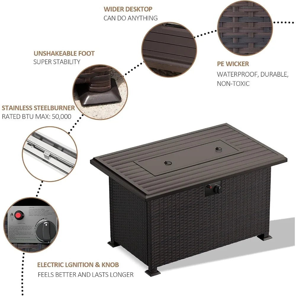 Propane Fire Pit Table 43 Inch Outdoor Wicker Fire Pit with Lid Cover