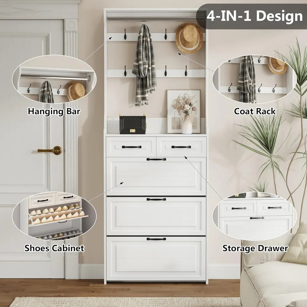 Hall Tree with Shoe Storage Farmhouse Entryway Coat Rack Organizer