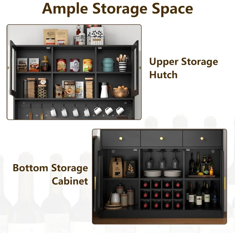 72 Inch Tall Wine Bar Cabinet with Storage Hutch and LED Lighting