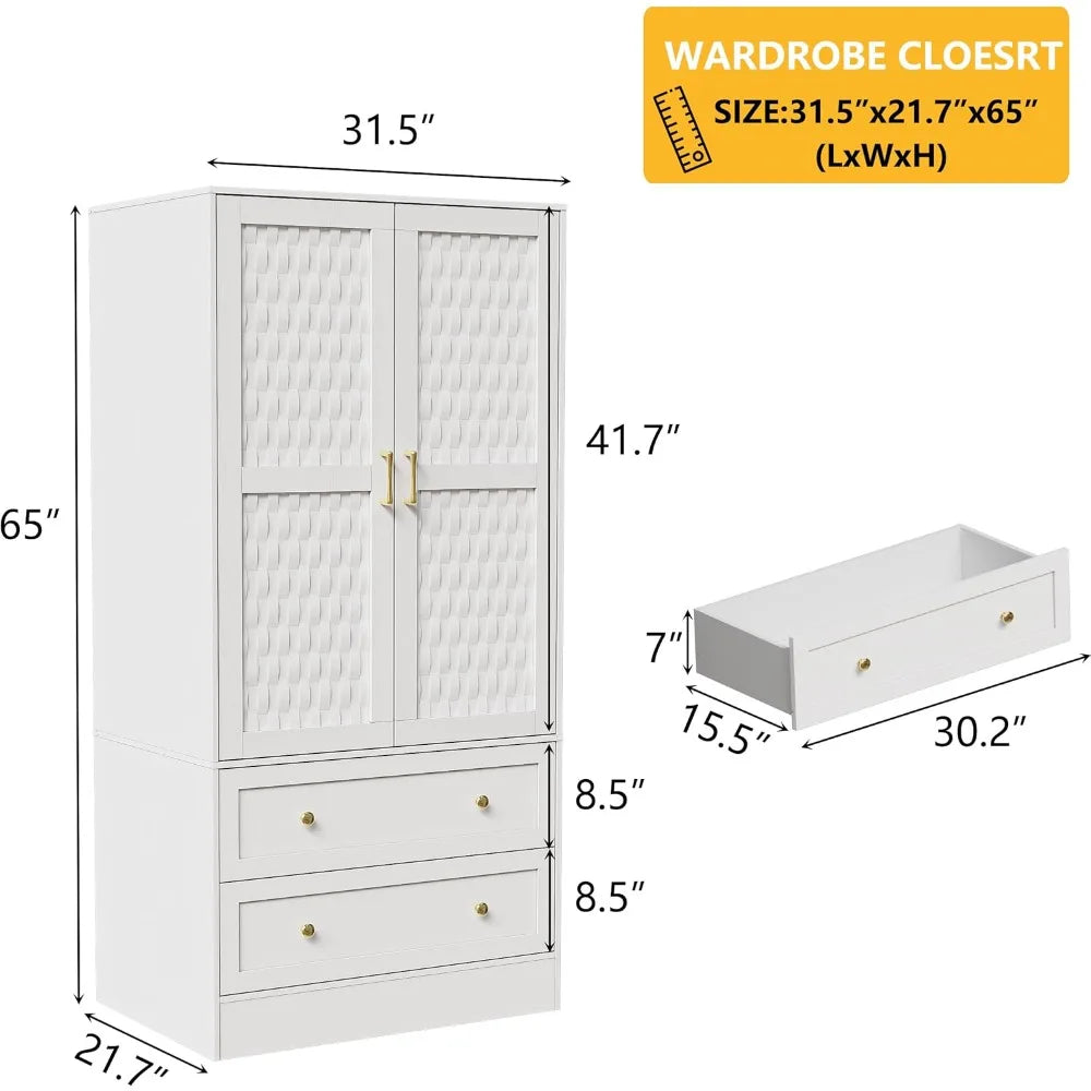 Armoire Wardrobe Closet with 2 Woven Doors and Drawers for Storage