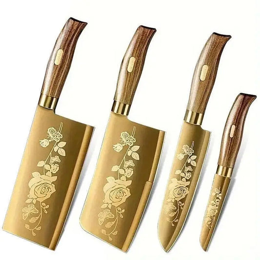 4-Piece Titanium-Coated Kitchen Knife Set for Home and Commercial Use