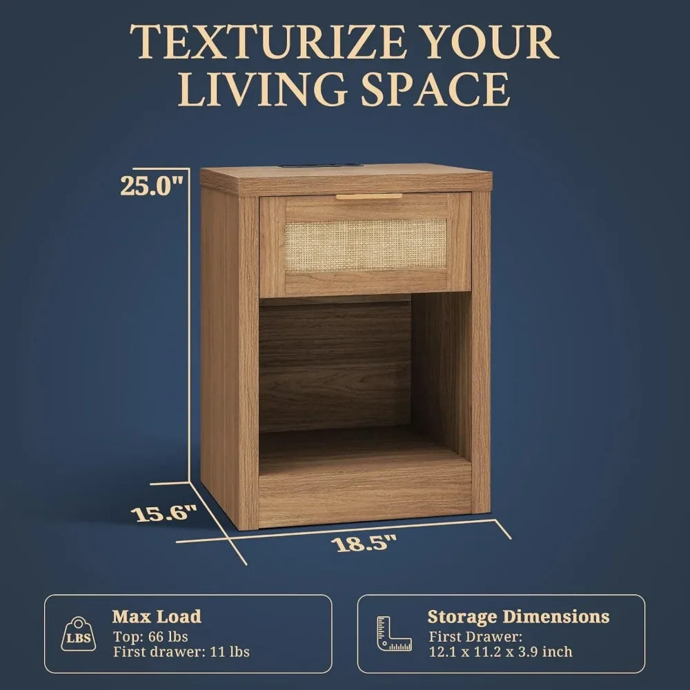 Nightstand Set of 2 Rattan Bedside Table with Charging Station