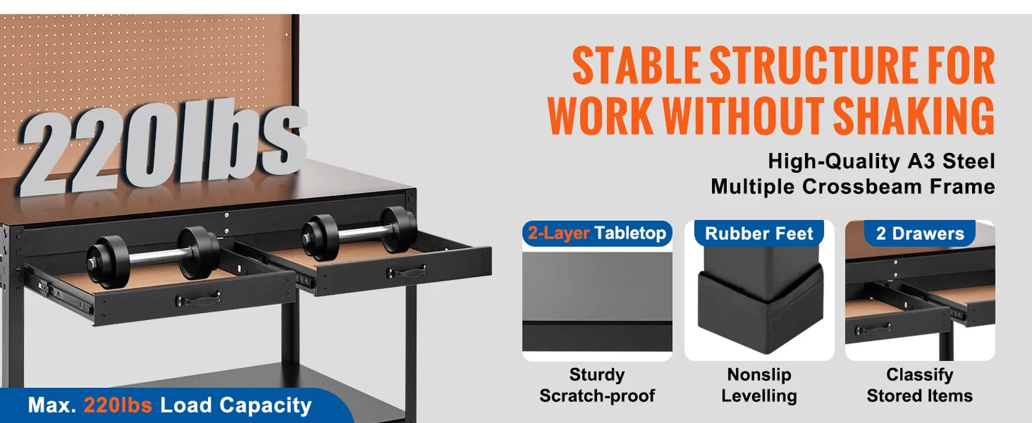 Ljustra 220lbs Workbench A3 Steel Garage Work Bench with USB Ports Hooks