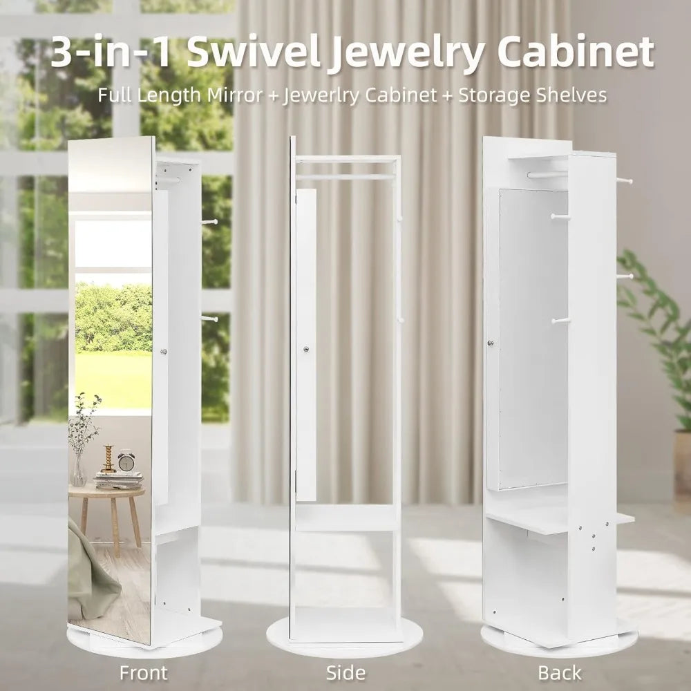 Jewelry Armoire Full-Length Mirror 360° Rotating Organizer Cabinet Storage