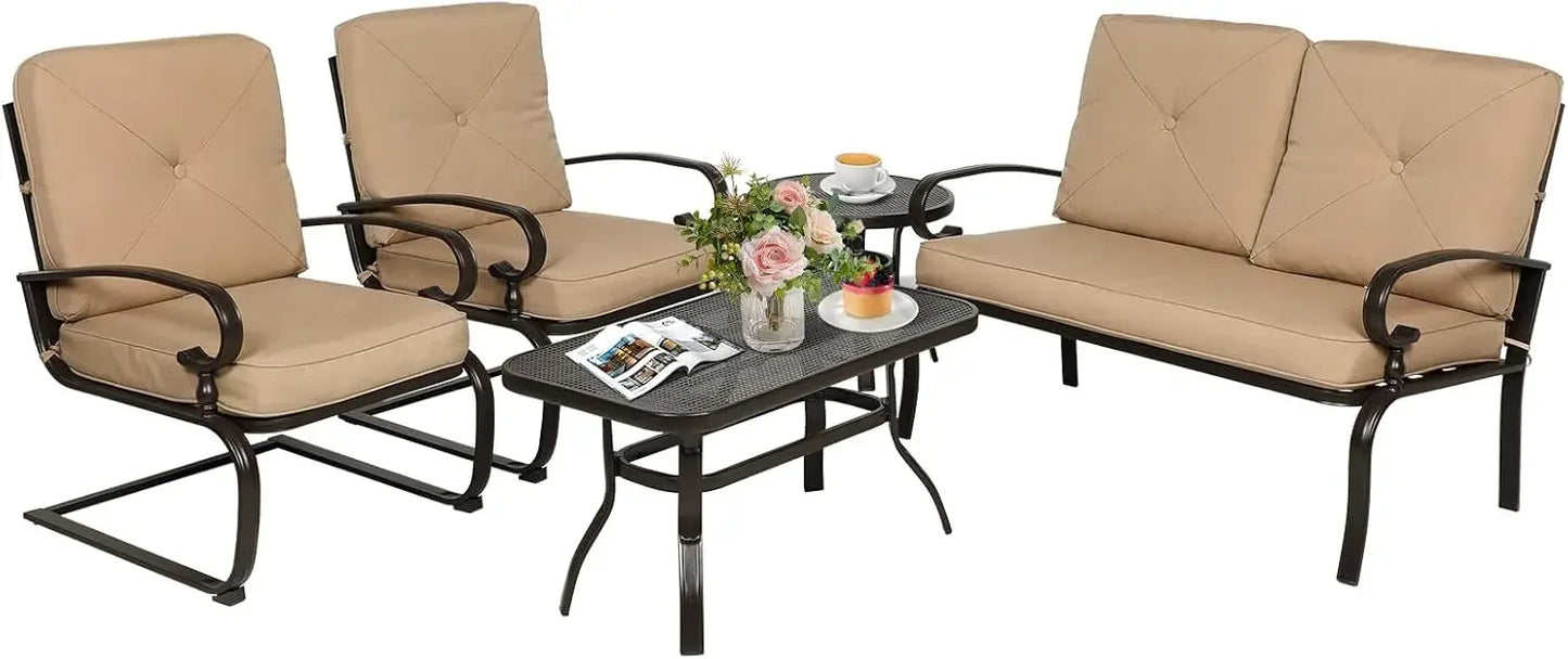 5 Piece Metal Outdoor Furniture Set Wrought Iron Patio Chairs Cushions