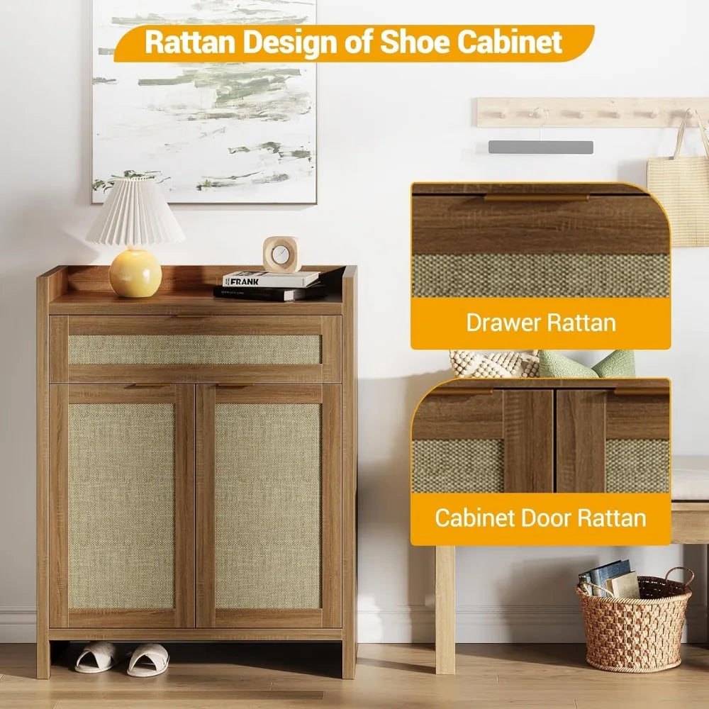 Farmhouse Rattan Shoe Cabinet 32.4” Boho Style Organizer Storage