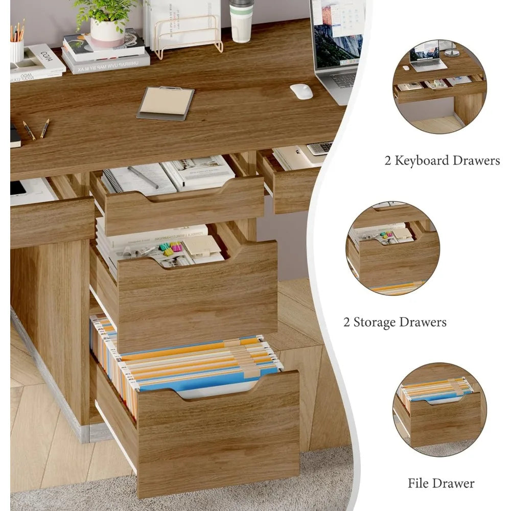 Two Person Desk with 5 Drawers Extra Long Computer Workstation