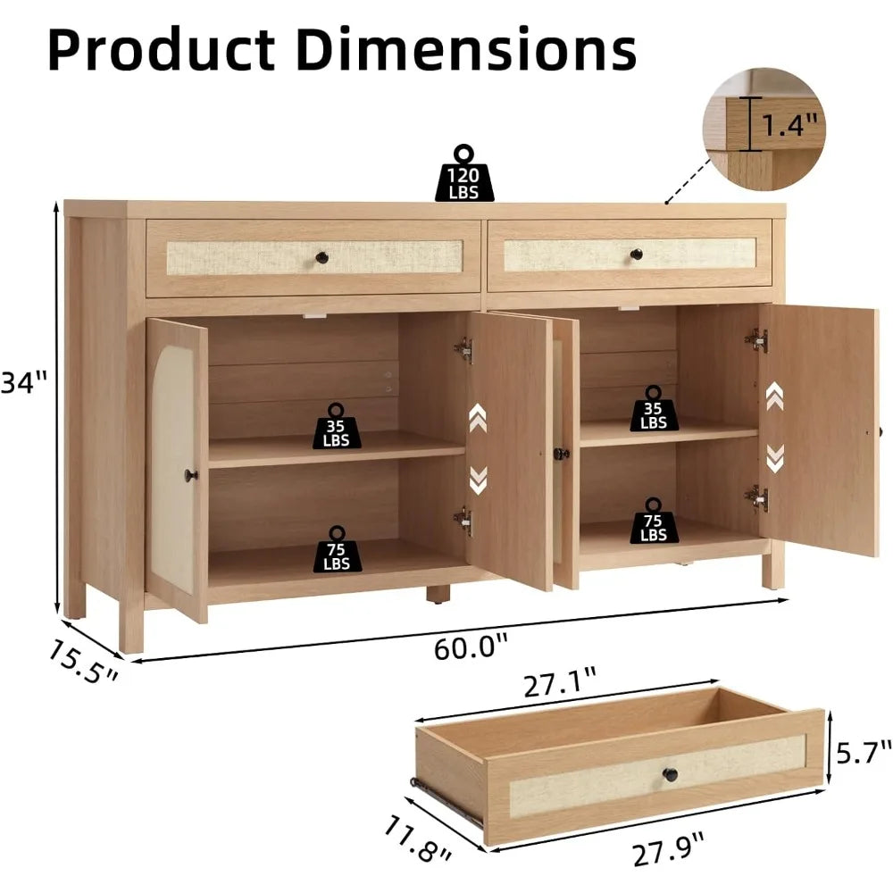 60 Inch Large Sideboard Buffet Cabinet Rattan Accent Storage