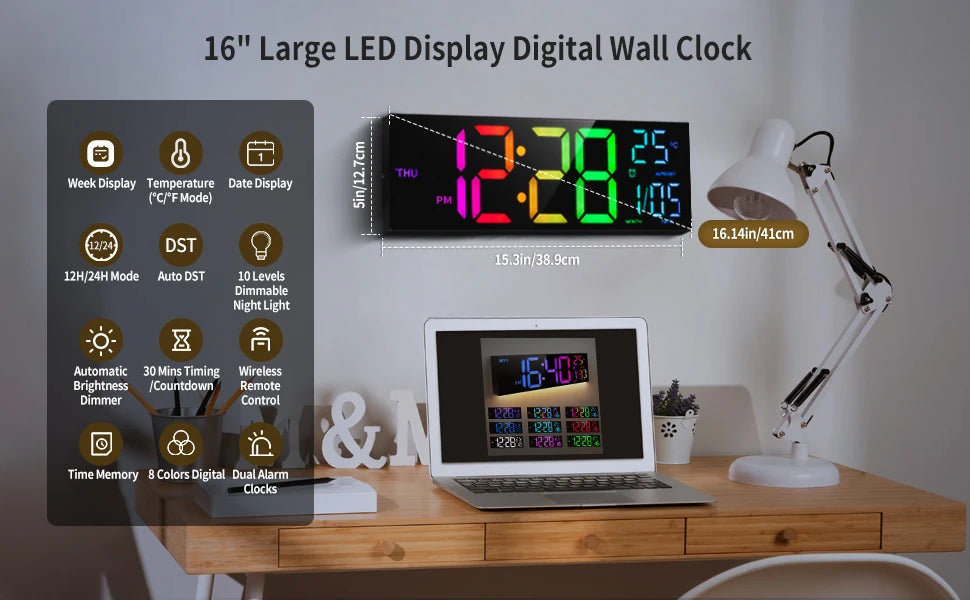 Large Digital Wall Clock with Remote RGB Display Alarm Temperature