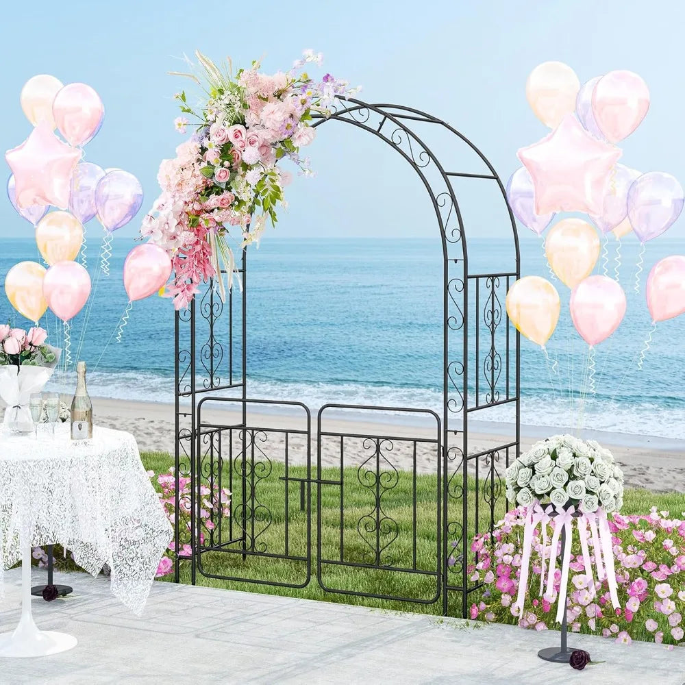 Garden Arbor with Gate Metal Arch Trellis for Climbing Plants 84" H