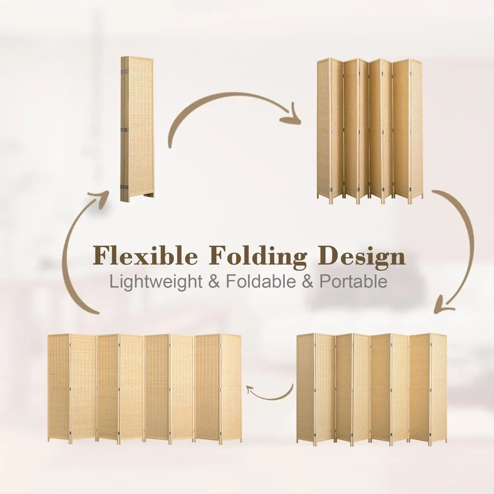 8 Panel Bamboo Room Divider Folding Privacy Screen Natural Wood