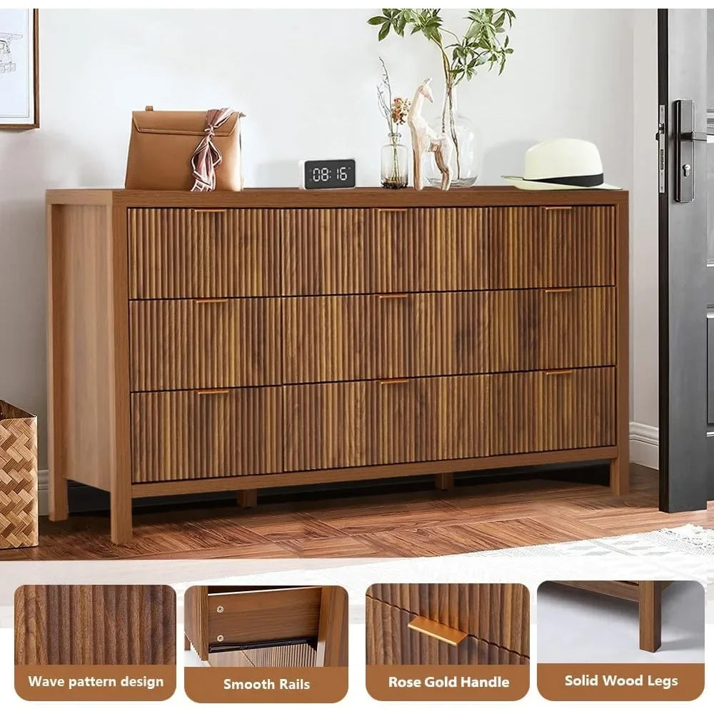 Mid Century Modern 9 Drawer Dresser Storage Cabinet for Bedroom Living Room