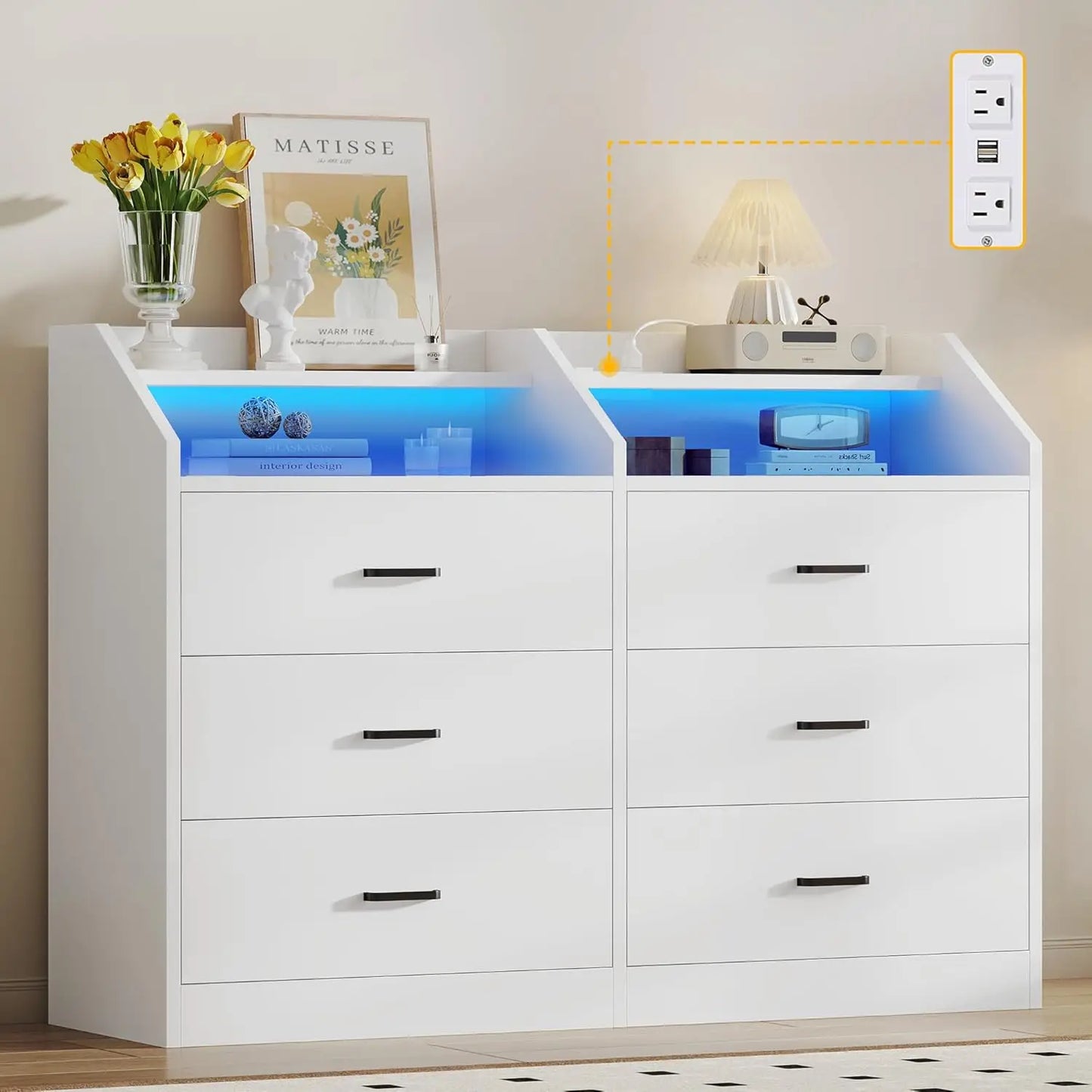 6 Drawer Dresser LED Light Charging Station Modern Storage Cabinet