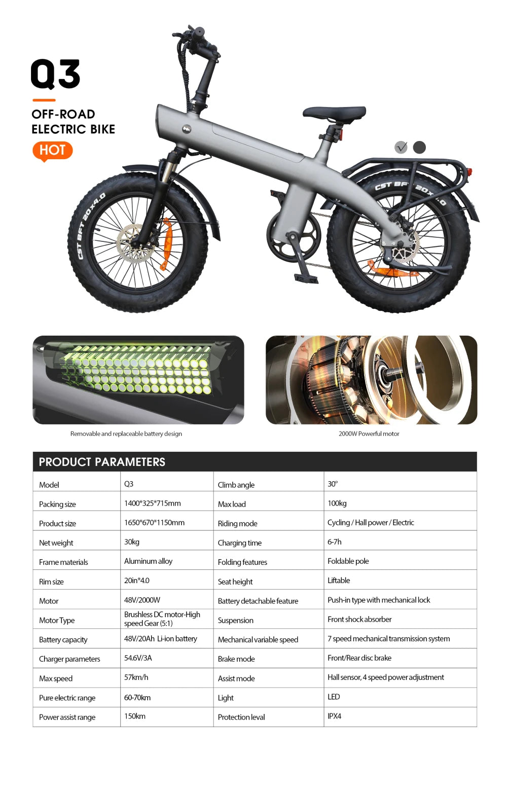 HX Q3 2000W Electric Bike 48V 20AH Off-Road Adult E-Bike 20 Inch