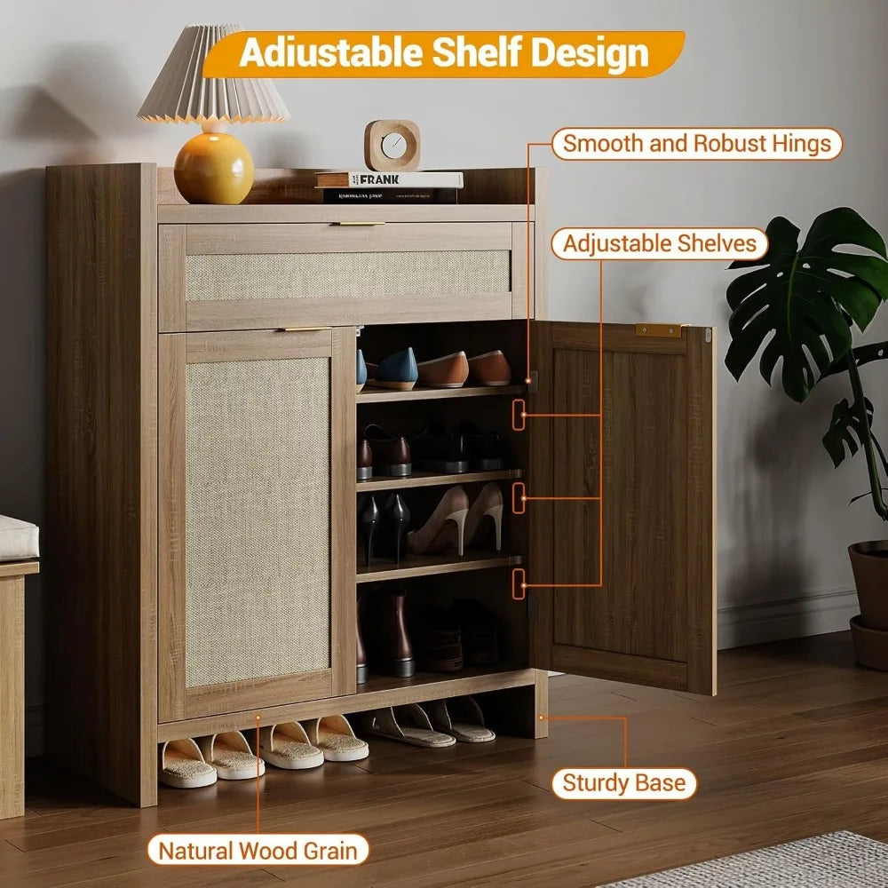 Farmhouse Rattan Shoe Cabinet 32.4” Boho Style Organizer Storage