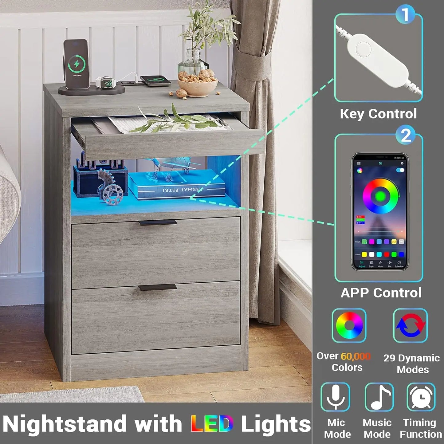 LED Nightstand Set of 2 with Wireless Charging Modern Bedside Table