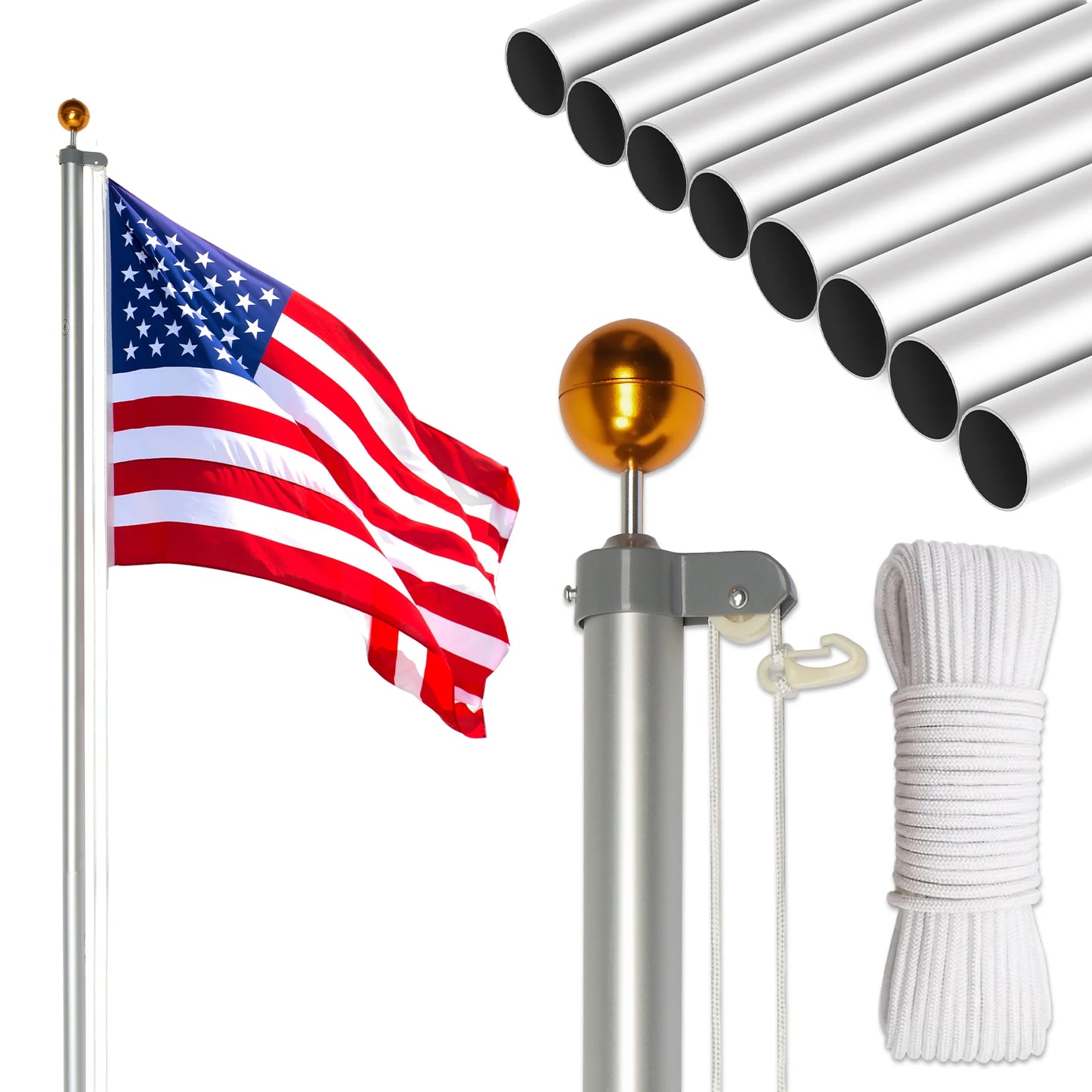 30FT Aluminum Flag Pole Kit with 5x3 US Flag for Outdoor Display