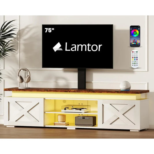 Farmhouse TV Stand with Mount 75 Inch LED Light Power Outlet Storage