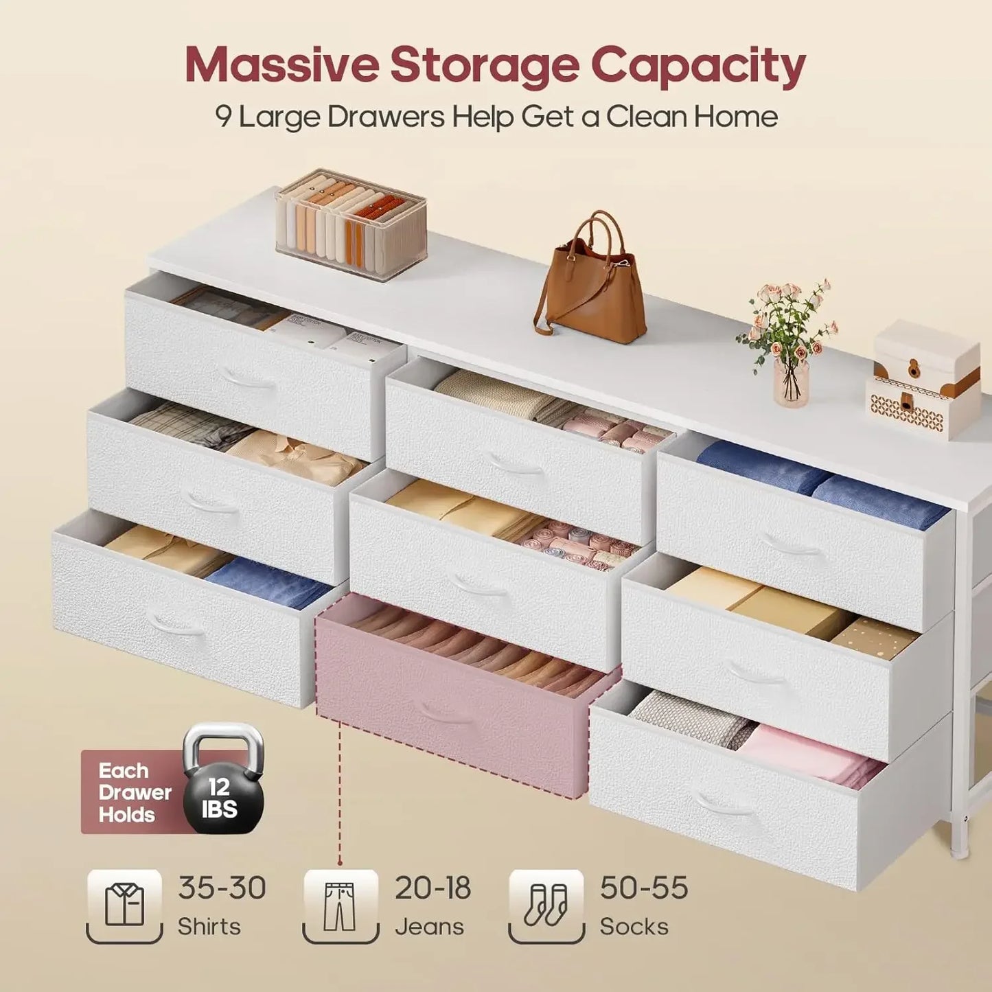 63 Inch Dresser Storage Organizer 9 Drawers Wide TV Stand Furniture