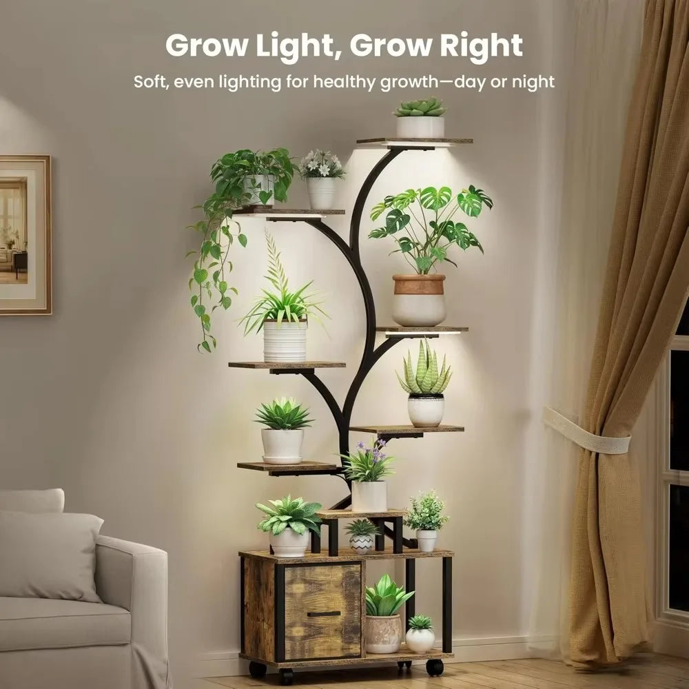 65 Inch Indoor Plant Stand with Grow Lights Tiered Metal Shelf with Wheels