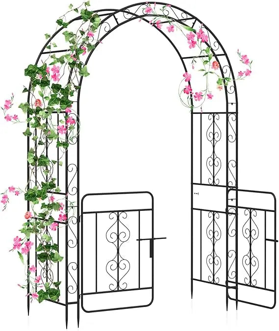 Garden Arbor with Gate Metal Arch Trellis for Climbing Plants 84" H