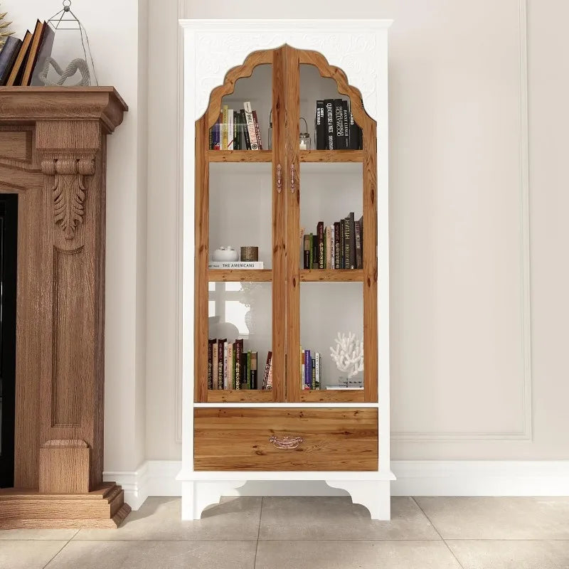 Carved Storage Cabinet 2 Glass Doors Drawer Living Room Furniture