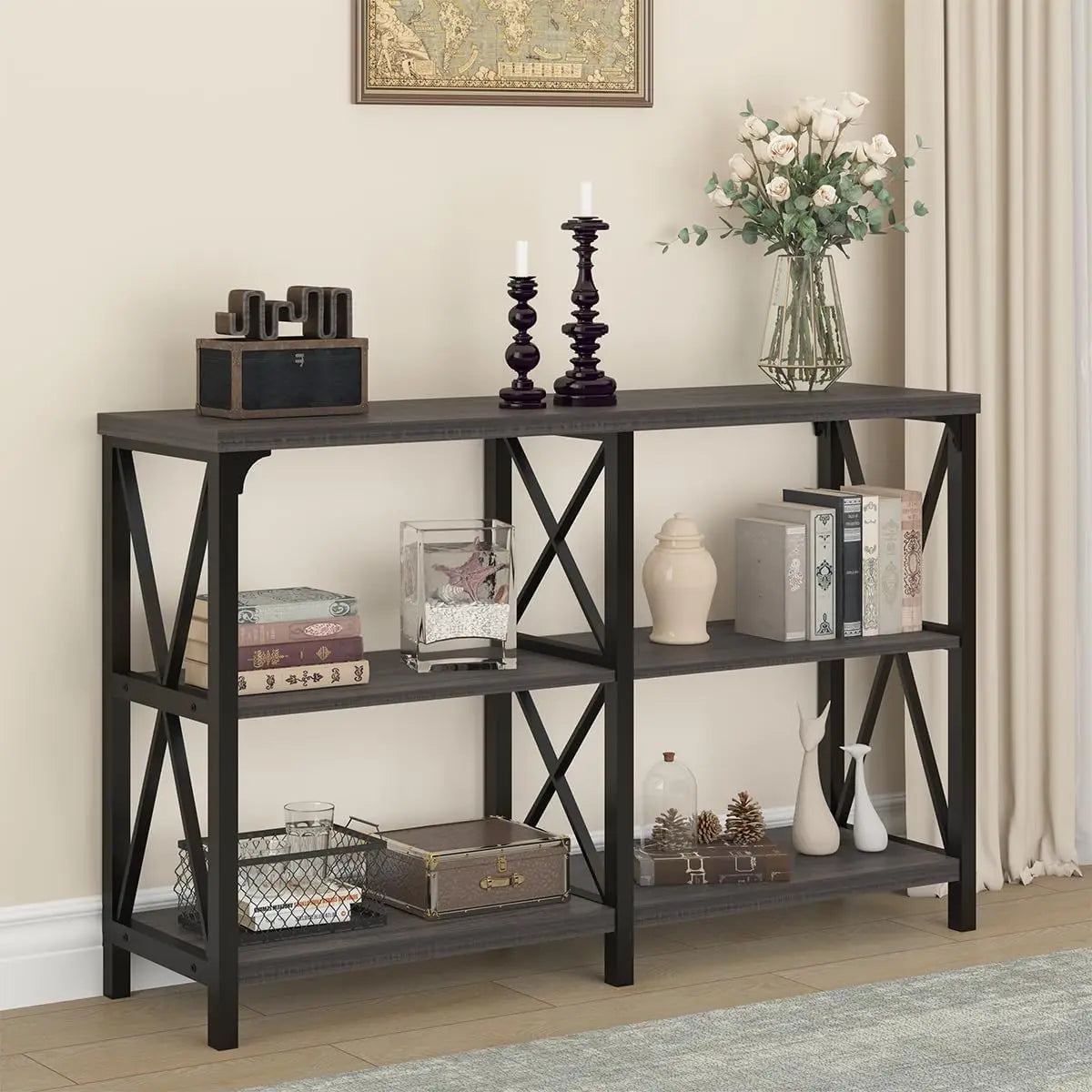 Long Entryway Console Table Industrial Wood Metal 3 Tier Storage Shelf