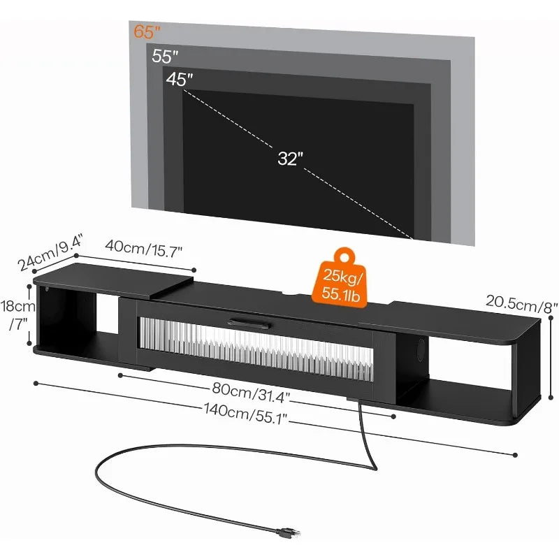 Floating TV Stand with LED Light for TVs up to 65 Inch Modern Media Console