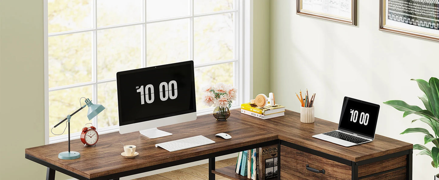 L-Shaped Computer Desk with 3 Drawers for Home Office Small Space