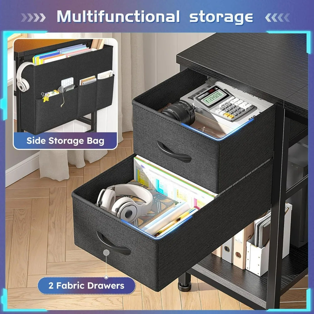 Ljustra Computer Desk with Drawers Storage Bag Power Outlets Monitor Stand