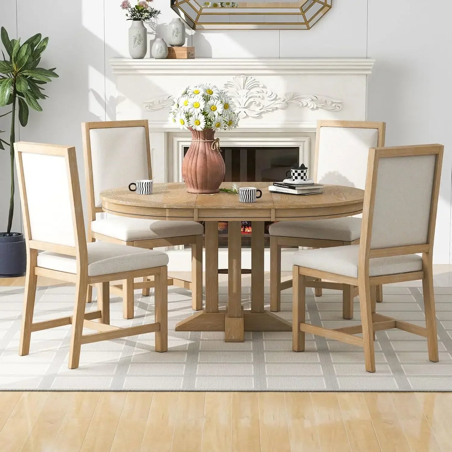 5-Piece Farmhouse Round Dining Table Set with 4 Upholstered Chairs