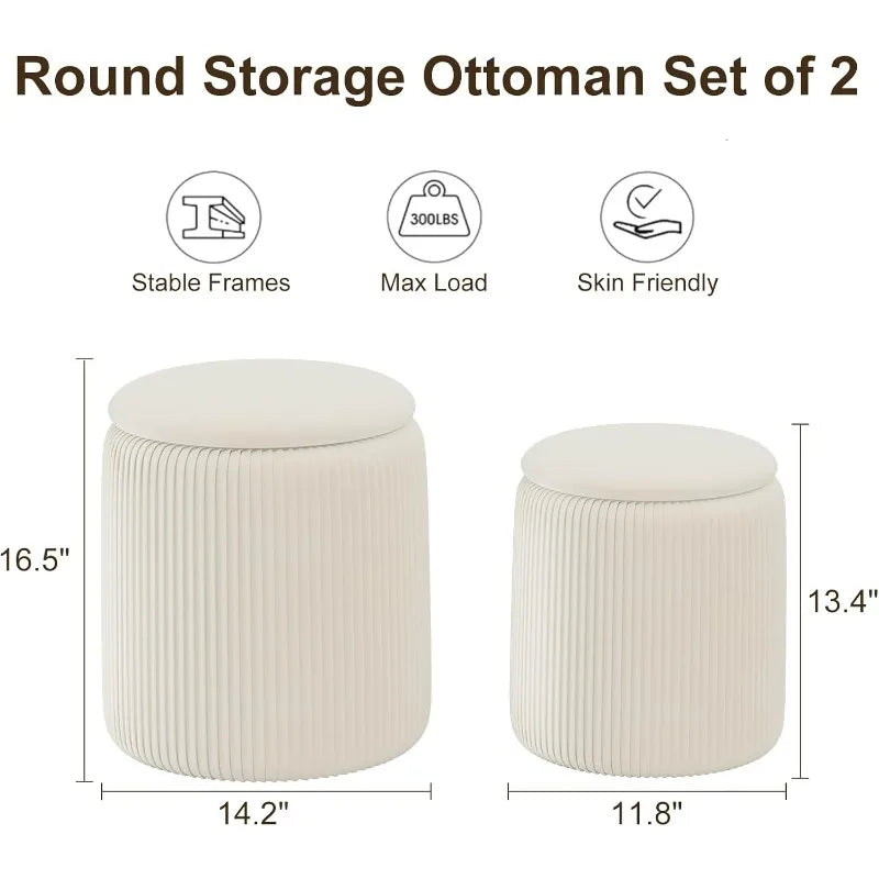 Round Ottoman Storage Set of 2 Velvet Vanity Stool Pouf for Bedroom