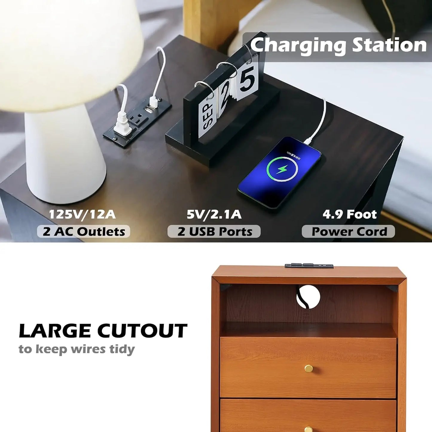 Nightstand with Charging Station Mid Century Modern Side Table Storage