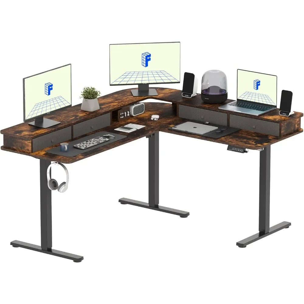 63 Inch L Shaped Electric Standing Desk with 4 Drawers and Shelf
