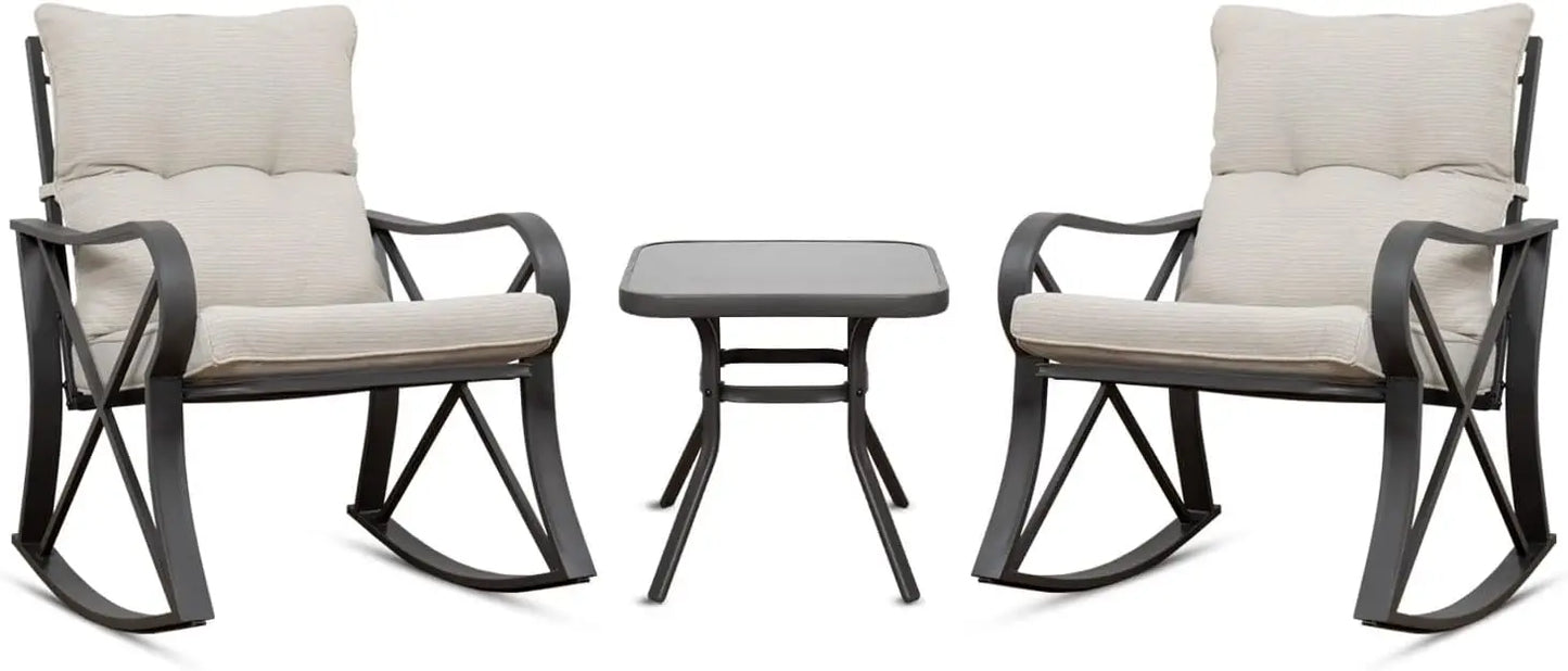 3 Piece Bistro Set Patio Rocking Chairs Glass-Top Table Outdoor Furniture