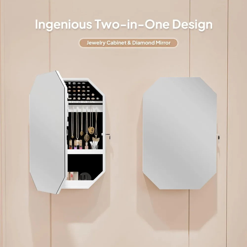 Modern Diamond Jewelry Armoire Lockable Wall Mounted Organizer with Mirror